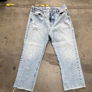 Frame Denim Light Wash Distressed Straight Leg Cropped Jeans